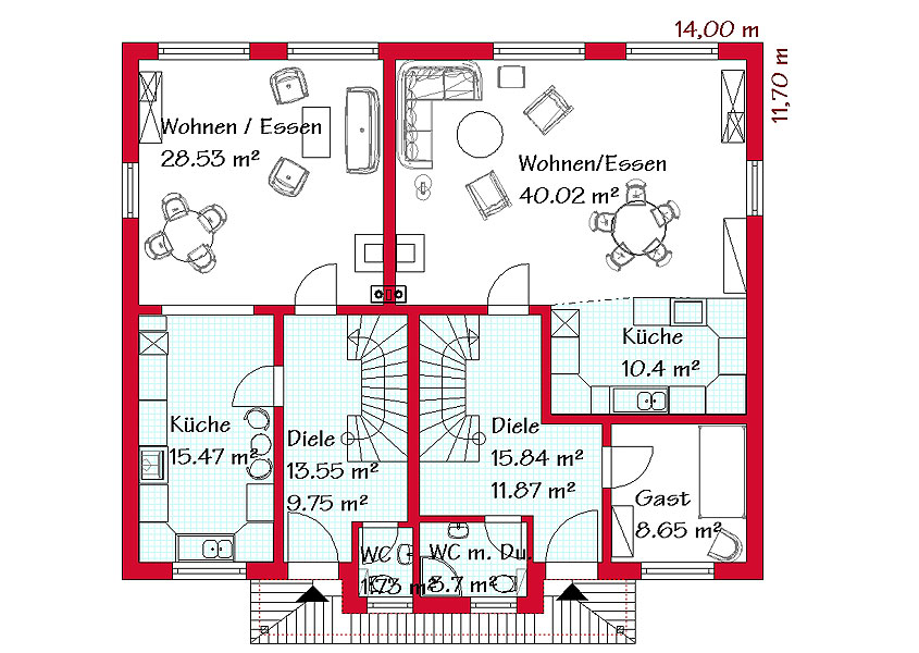Das Erdgeschoss des Doppelhauses mit 55,5 m² / 75,9 m²